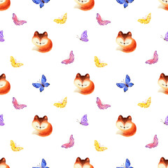 Childhood seamless pattern with cute red foxes and butterflies. Hand painted watercolor illustrations isolated on a white background.