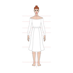 Illustration of women's skirt, shirt. capsule wardrope. Casual style. Technical drawing. Coral and red colors for spring, summer