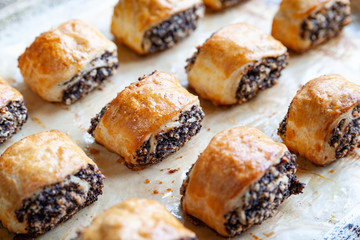 Crispy freshly baked cookies with poppy seeds on a baking tray.