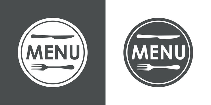 Icono plano texto MENU con cubiertos en c&iacute;rculo en gris y blanco