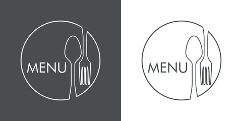 Logotipo con texto MENU con cubiertos en círculo lineal en gris y blanco © teracreonte
