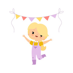 Cute Young Girl in Overalls and Rubber Boots Celebrating with Party Flags, Farmer Girl Cartoon Character at Harvest Festival Vector Illustration