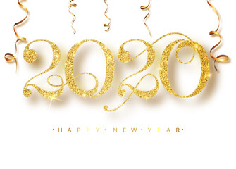 Happy New 2020 Year. Holiday vector illustration of golden metallic numbers 2020. Realistic sign. Festive poster or banner design