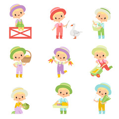 Cute Boy in Overalls, Rubber Boots and Hat Engaged in Agricultural Activities Set, Young Farmer Cartoon Character Caring for Plants and Harvesting Vector Illustration