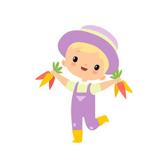 Cute Boy in Overalls, Rubber Boots and Hat with Carrots, Young Farmer Cartoon Character Engaged in Agricultural Activities Vector Illustration