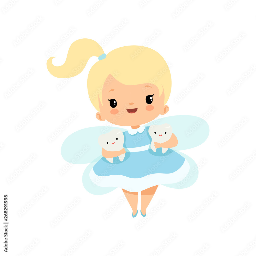 Wall mural Cute Little Tooth Fairy Flying with Baby Teeth, Lovely Blonde Fairy Girl Cartoon Character in Light Blue Dress with Wings Vector Illustration