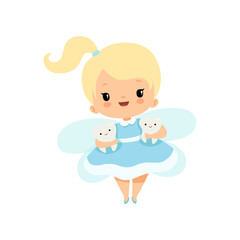 Cute Little Tooth Fairy Flying with Baby Teeth, Lovely Blonde Fairy Girl Cartoon Character in Light Blue Dress with Wings Vector Illustration