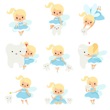 Cute Little Tooth Fairy with Baby Teeth Set, Lovely Blonde Fairy Girl Cartoon Character in Light Blue Dress with Wings Vector Illustration