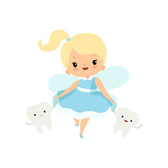 Cute Little Tooth Fairy Walking with Baby Teeth, Lovely Blonde Fairy Girl Cartoon Character in Light Blue Dress with Wings Vector Illustration