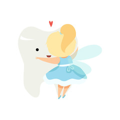 Cute Little Tooth Fairy Hugging Big Tooth, Lovely Blonde Fairy Girl Cartoon Character in Light Blue Dress with Wings Vector Illustration