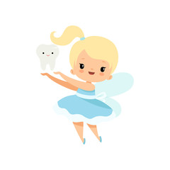 Little Tooth Fairy with Baby Tooth, Cute Blonde Fairy Girl Cartoon Character in Light Blue Dress with Wings Vector Illustration