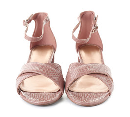 Pair of stylish female shoes on white background