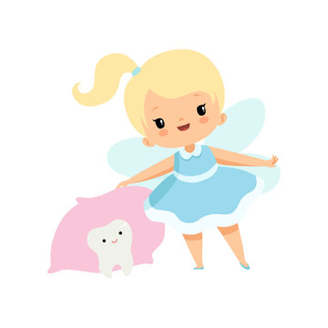 Little Tooth Fairy and Cute Baby Tooth Under Pillow, Lovely Blonde Fairy Girl Cartoon Character in Light Blue Dress with Wings Vector Illustration