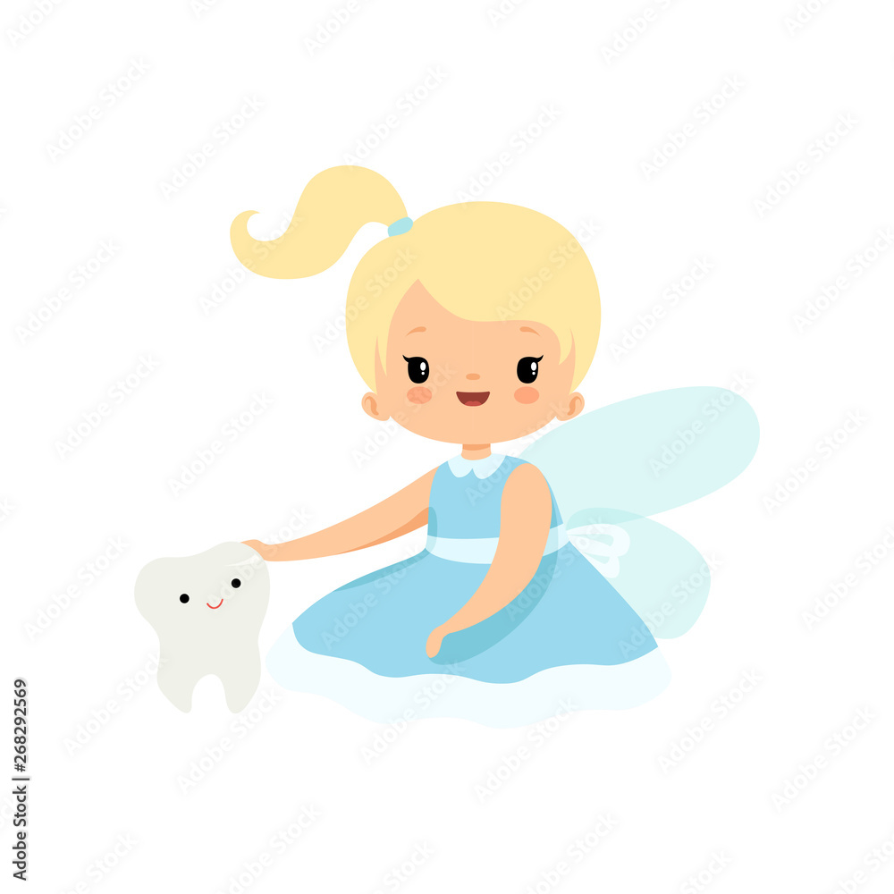 Wall mural little tooth fairy sitting with baby tooth, adorable blonde fairy girl cartoon character in light bl