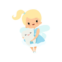 Little Tooth Fairy Holding Cute Baby Tooth, Lovely Blonde Fairy Girl Cartoon Character in Light Blue Dress with Wings Vector Illustration