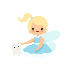 Little Tooth Fairy Sitting with Baby Tooth, Adorable Blonde Fairy Girl Cartoon Character in Light Blue Dress with Wings Vector Illustration