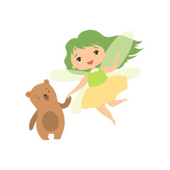 Cute Forest Fairy with Little Bear, Lovely Fairy Girl Cartoon Character with Green Hair and Wings Vector Illustration