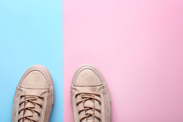 Pair of stylish casual shoes on color background