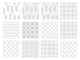 Set of trendy black and white chevron patterns, chevron arrow with modern sewing detail.  Chevron pattern elements isolated on white background. 