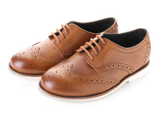 Pair of stylish leather shoes on white background
