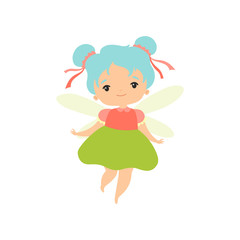 Fototapeta na wymiar Little Forest Fairy, Lovely Fairy Girl Cartoon Character with Light Blue Hair and Wings Vector Illustration