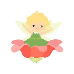 Little Forest Fairy Sitting on Flower, Lovely Fairy Blonde Girl Cartoon Character in Green Dress and Wings Vector Illustration