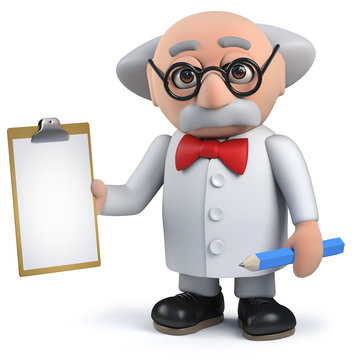 Mad scientist in 3d holding a clipboard and pencil