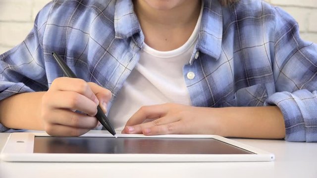 Child Studying on Tablet, Girl Writing in School Class, Learning Doing Homework