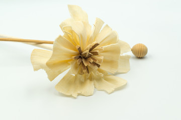 This is a capture of a beige handmade artificial flower and a white background taken in a studio lighting 