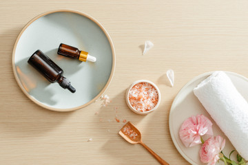 organic cosmetic with natural oil on white background top view