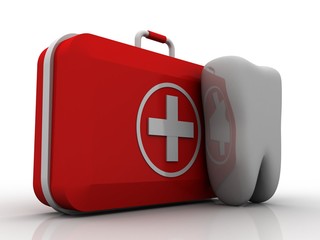 3d rendering healthy tooth with first aid box