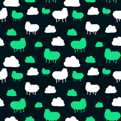 Seamless pattern with cute sheep and clouds. Green backgraund