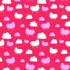 Seamless pattern with cute sheep and clouds. pink backgraund