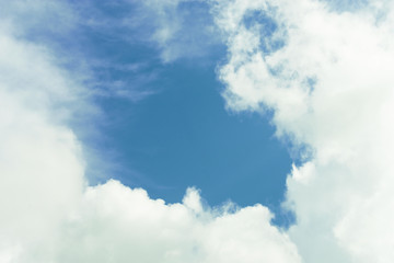 A hole in tropical sky ..White fluffy cloud with blue sky in the middle,rainy season..