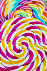 striped spiral multi-color Lollipop closeup. sweets multicolour