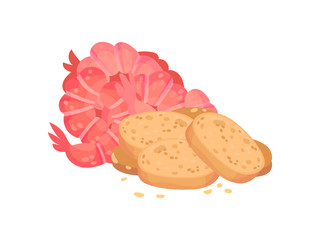 Croutons with shrimp. Vector illustration on white background.