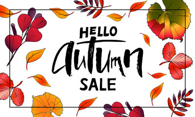 design of banner hello Autumn Sale Lettering with leaves