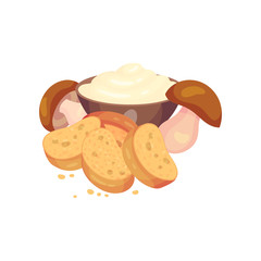 Oval croutons with mushrooms and sour cream. Vector illustration on white background.