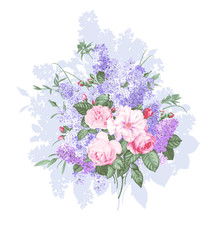 Isolated vintage bouquet of lilac and roses with shadow on white background