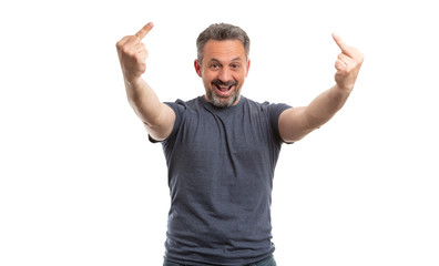 Fototapeta premium Man laughing as showing middle fingers