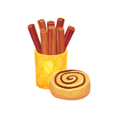 Cinnamon sticks stand in an orange glass. Nearby is a cookie. Vector illustration on white background.