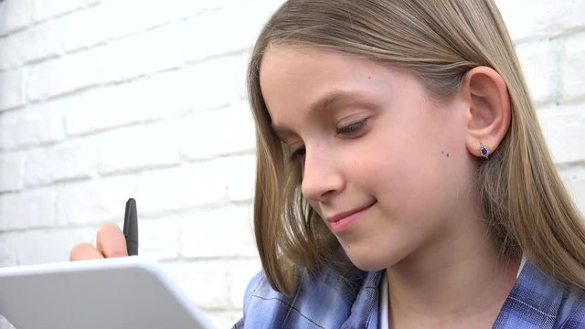 Child Studying on Tablet, Girl Writing for School Class, Learning Doing Homework