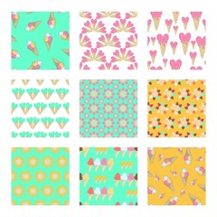 Ice cream pattern set, summer theme patterns elements.  Cute kawaii ice cream illustration.