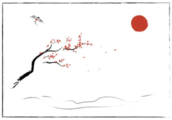 The asian theme of nature, Japanese and Chinese element - plum blossom with bird, a sign for wind spring - Illustration. Isolated stroke element