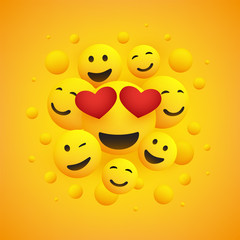      Various Smiling Happy Emoticons with Heart Shaped Eyes in Front of a Yellow Background, Vector Design, Concept Illustration 