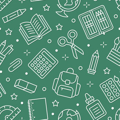 School supplies seamless pattern with line icons. Study tools background - globe, calculator, book, pencil, scissors, notebook vector illustration. Green white wallpaper for stationery sale brochure