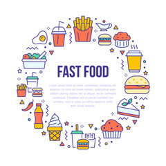 Fast food circle illustration with flat line icons. Thin vector signs for restaurant menu poster - burger, french fries, soda, salad, cheesecake, coffee, ice cream, muffin