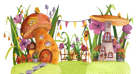Street of mushroom houses with grass, flowers, butterfly, nesting box, fence, banner and well. Watercolor and colored pencil illustration.
