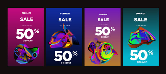 Vector summer sale 50% discount with fluid colorful background. Summer banner, website, poster, and sales promotion background set.