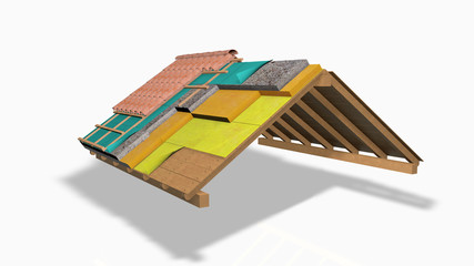 Elementi per la costruzione di un tetto coibentato, Immagine 3D, illustrazione
